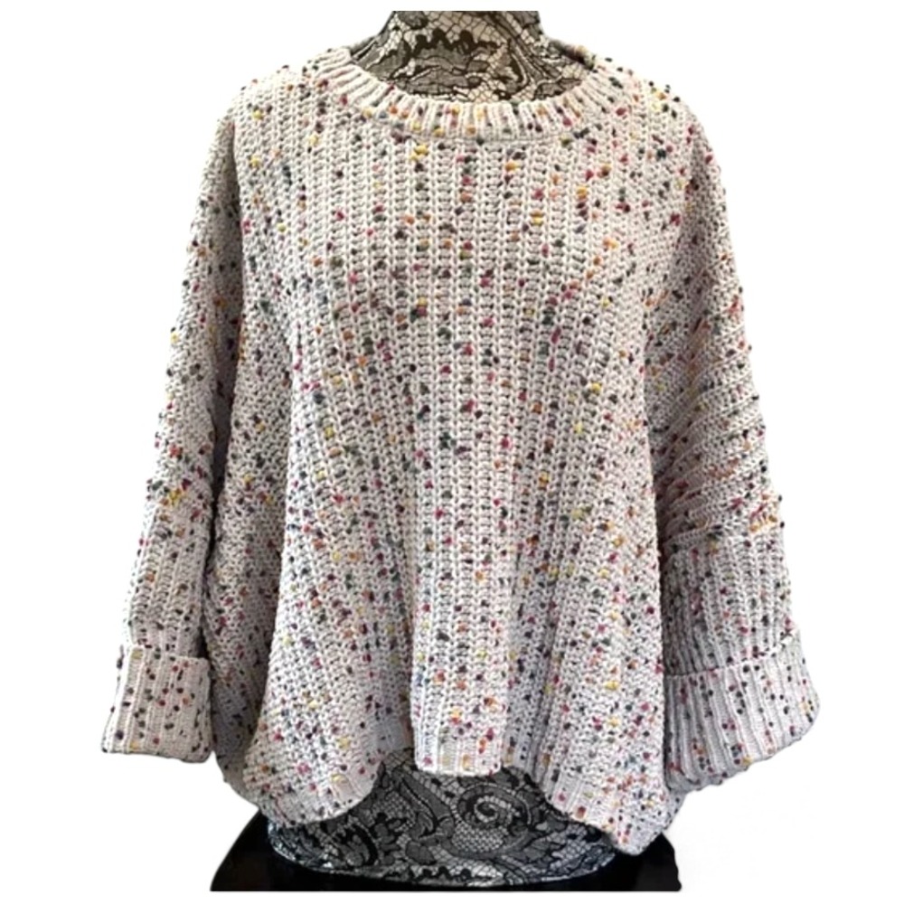 POL Oversized Chenille Sweater IVORY w/RAINBOW CONFETTI SPECKLE POM-POMS sz M